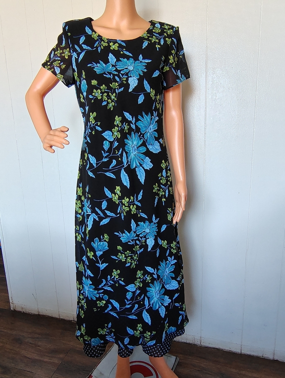 White Stag Black Floral Midi Dress with Blue & Green Print Size 8